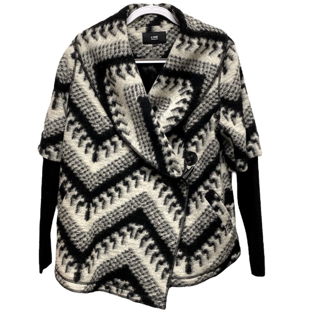 Line the Label Wool Blend Patterned Sweater Coat Black Cream Size - Medium